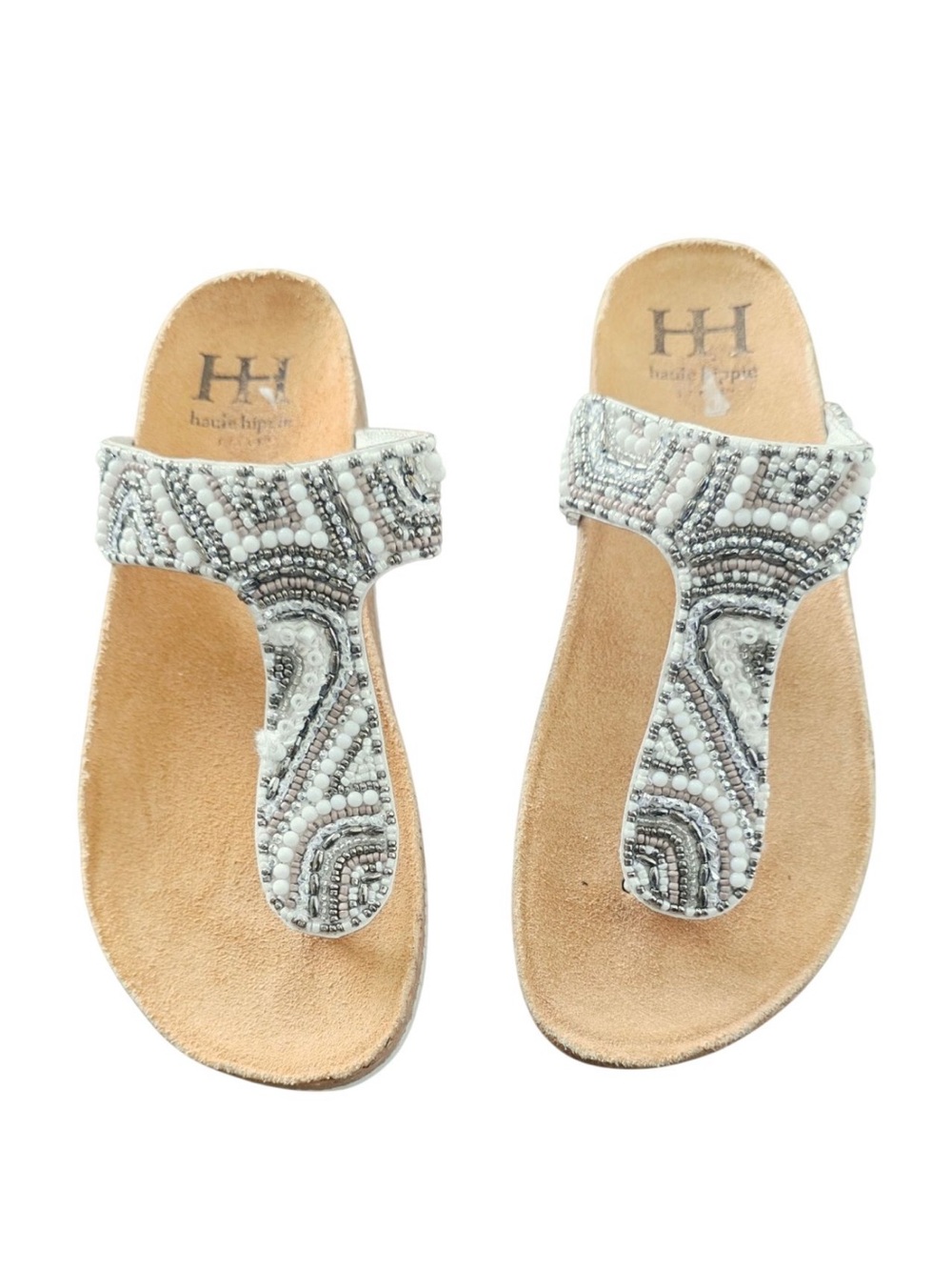 Women's Beaded White and Gray T-Strap Sandals
